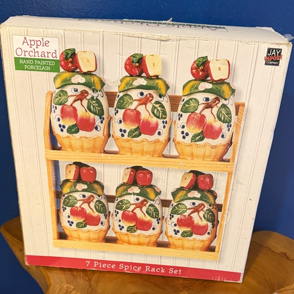 New in Box Jay Import "Apple Orchard" Hand-Painted Porcelain Spice Jars & Rack